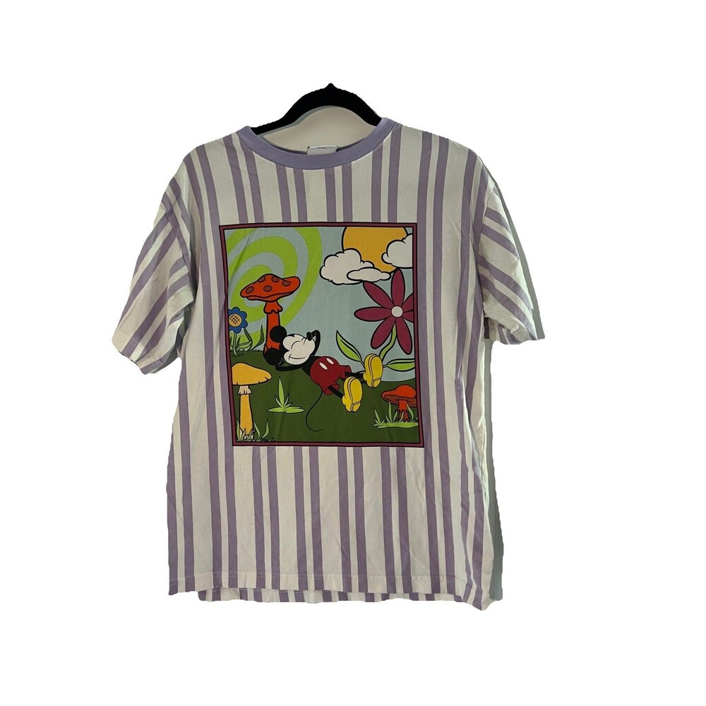Disney Shirt Adult Small White Purple Mickey & Co Mouse Striped Parks